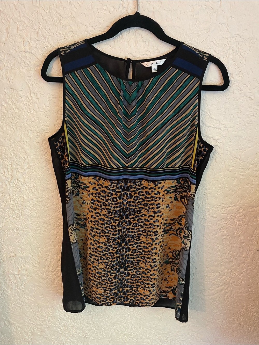 CAbi Mixed-Print Sleeveless Top in Black, Gold and Green-Blue